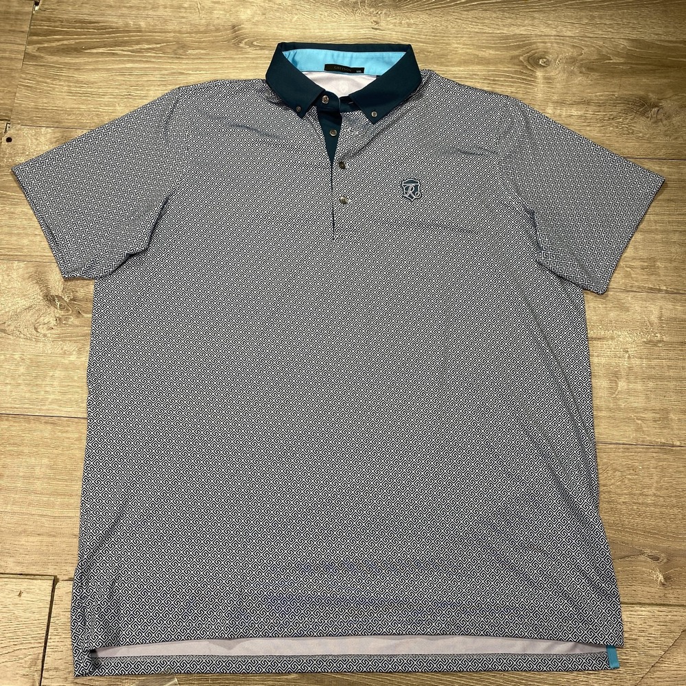 Greyson Polo Shirt Mens 2XL Blue White‎ Geometric Golf Performance Stretch